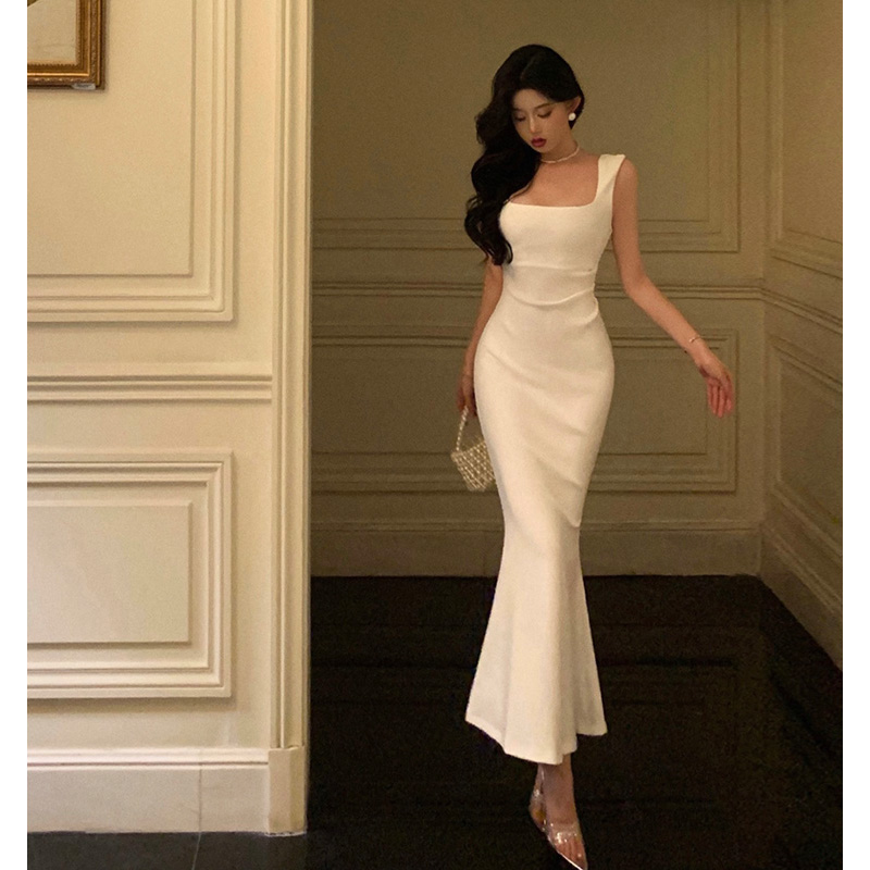  645法式白色吊带连衣裙女2024夏季新款温柔气质修身鱼尾长裙3834