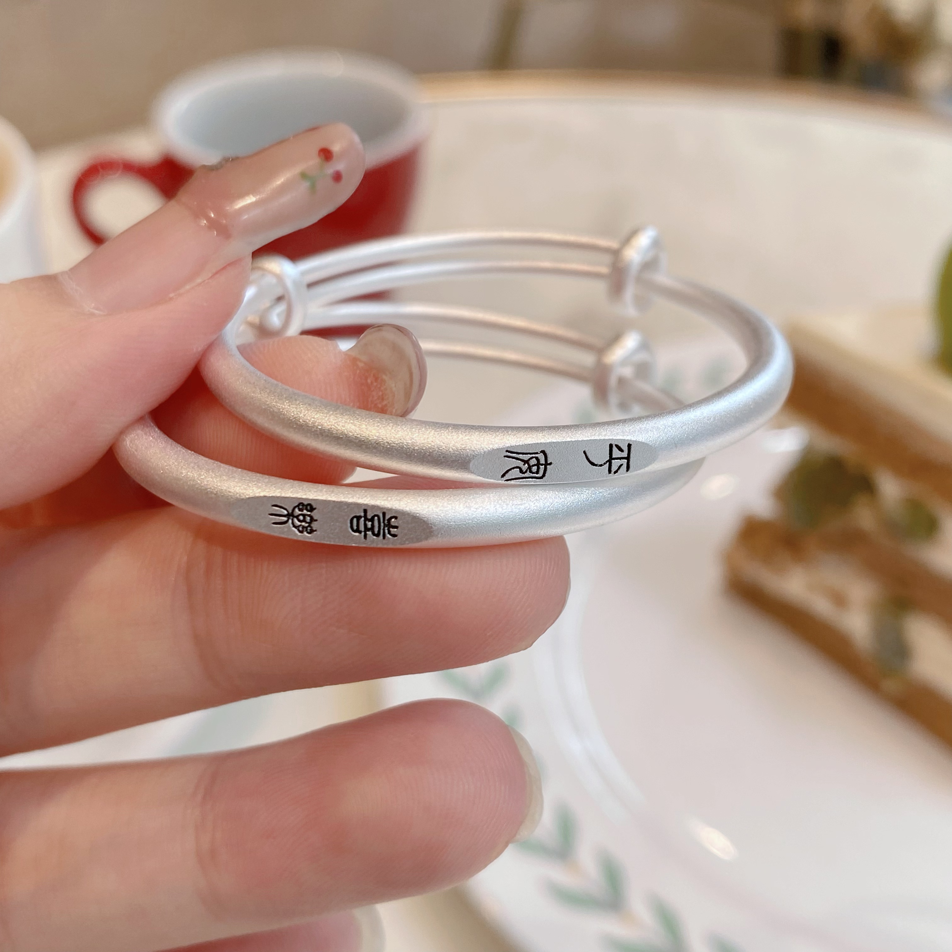 足银手镯 S9999纯银手镯女古法银足银镯子平安喜乐新中式宝宝周岁