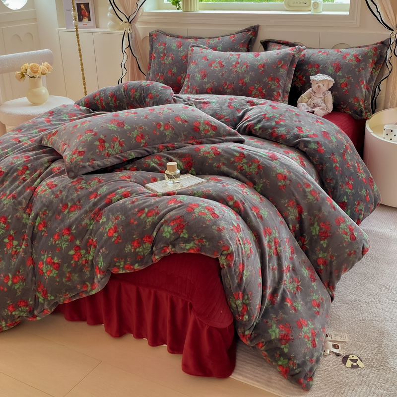 秋冬季高克重牛奶绒夹棉床盖四件套加绒双面绒加厚保暖被套珊瑚绒