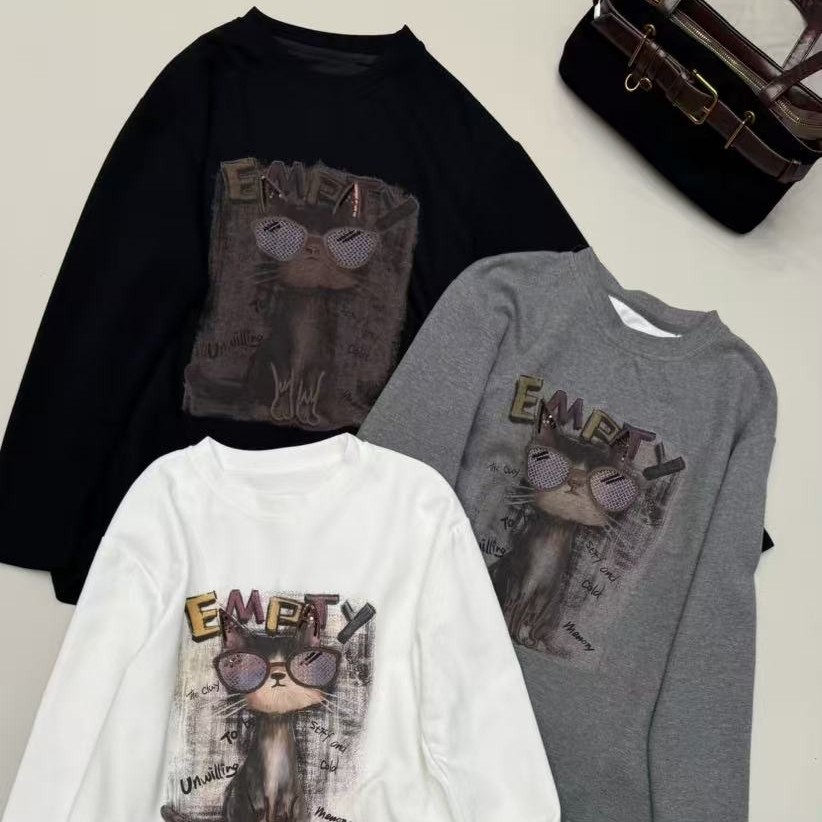 6671宽松立领女常规款长袖中长款T恤印花卡通动漫人物