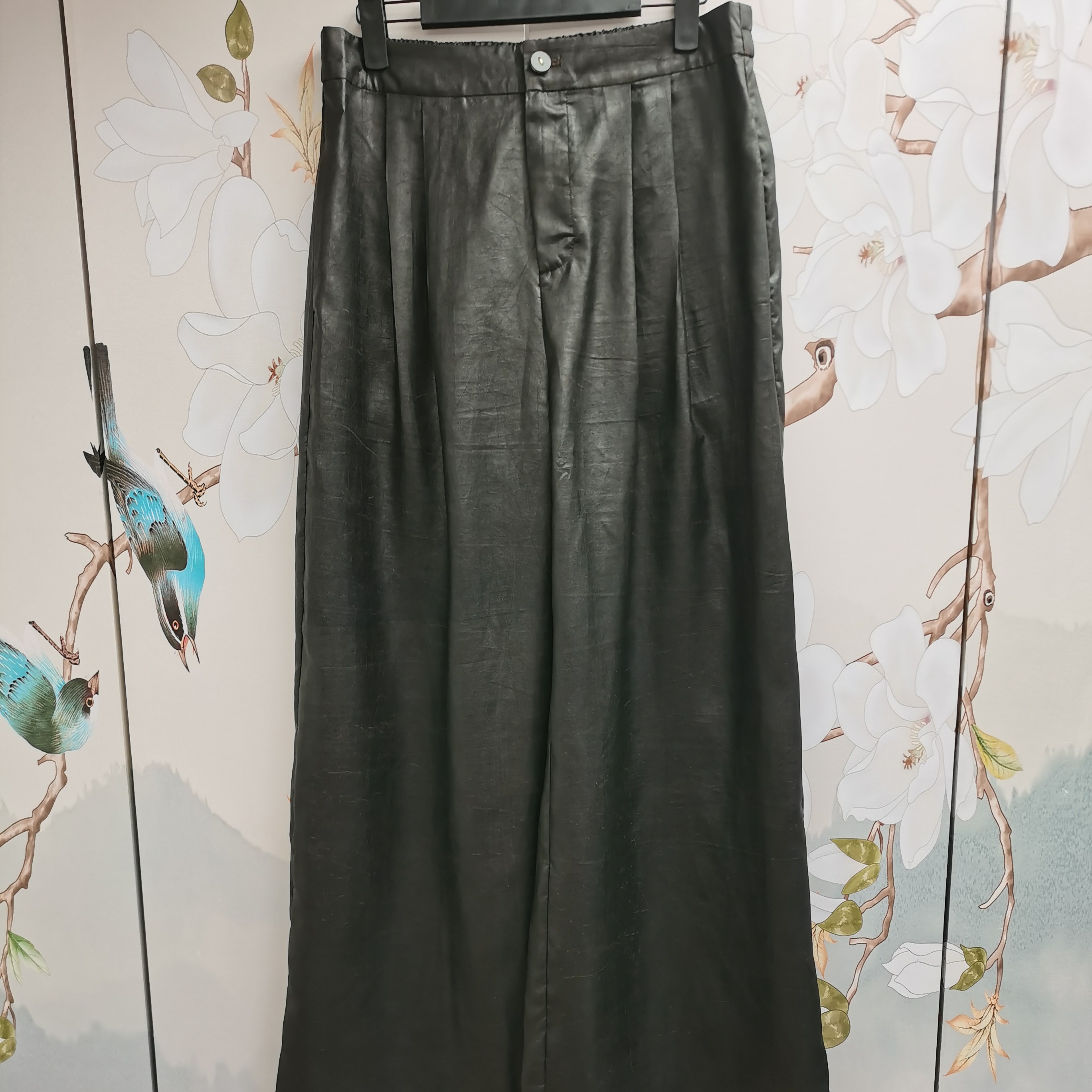 伊美香云纱夏96268满分桑蚕丝黑胶绸国风复古时尚气质款女阔腿裤