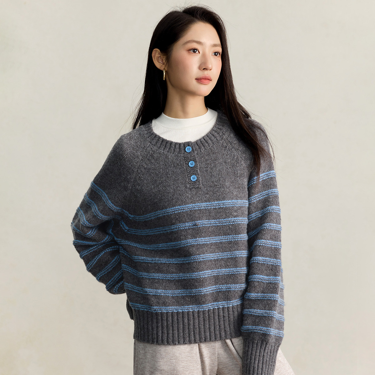 茵曼时尚撞色条纹套头毛衣女2025秋冬款慵懒风百搭圆领针织衫
