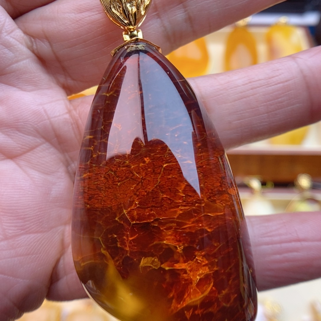 琥珀颈饰银S925镀金镶嵌