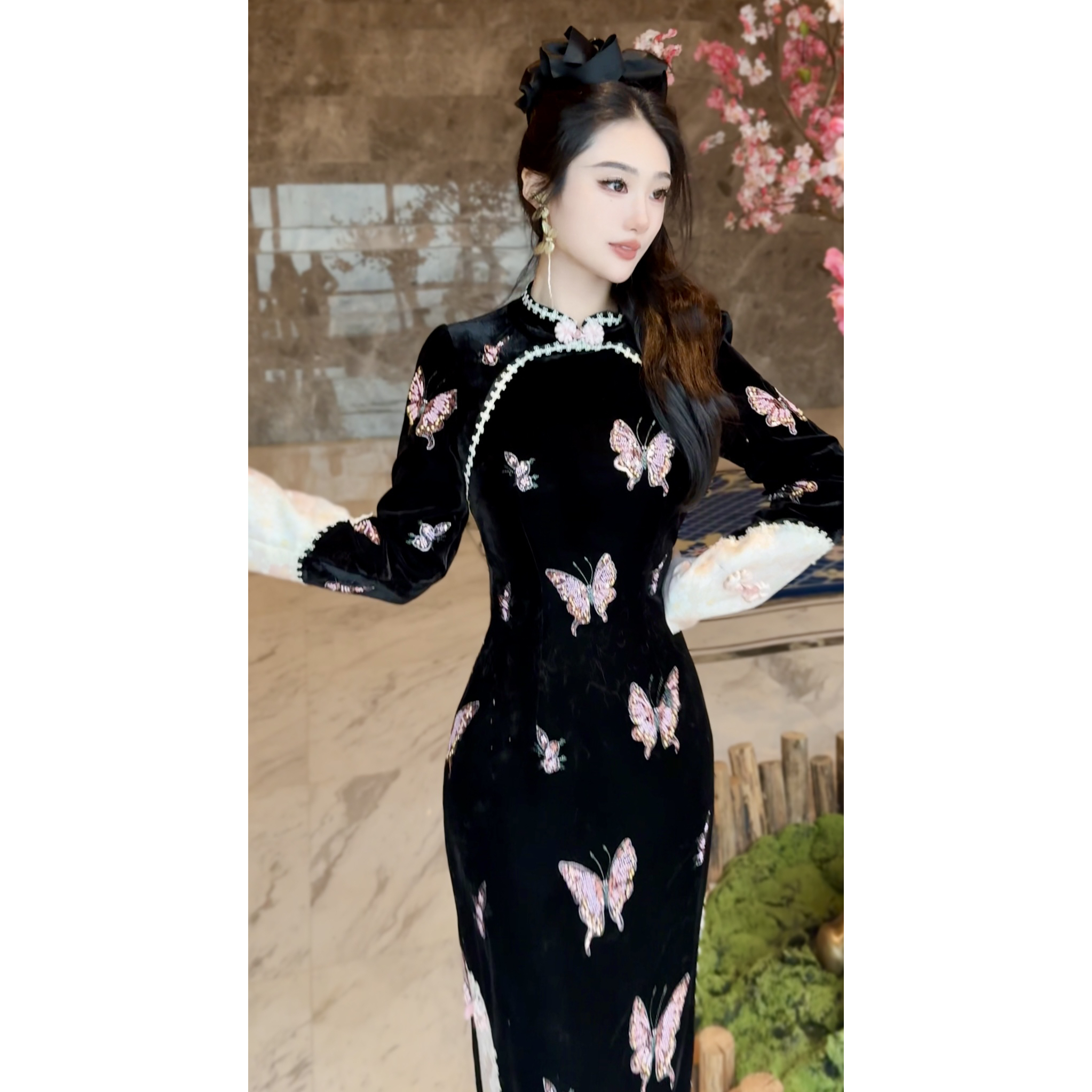 【媛珠 暗夜蝴蝶】重工修身显瘦黑色丝绒刺绣串珠旗袍连衣裙秋冬