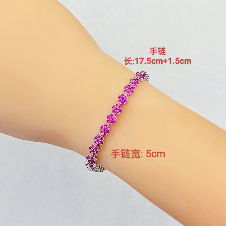 铜合金合成锆石手链 轻奢精致时尚百搭满钻镶嵌玫红花朵设计女款