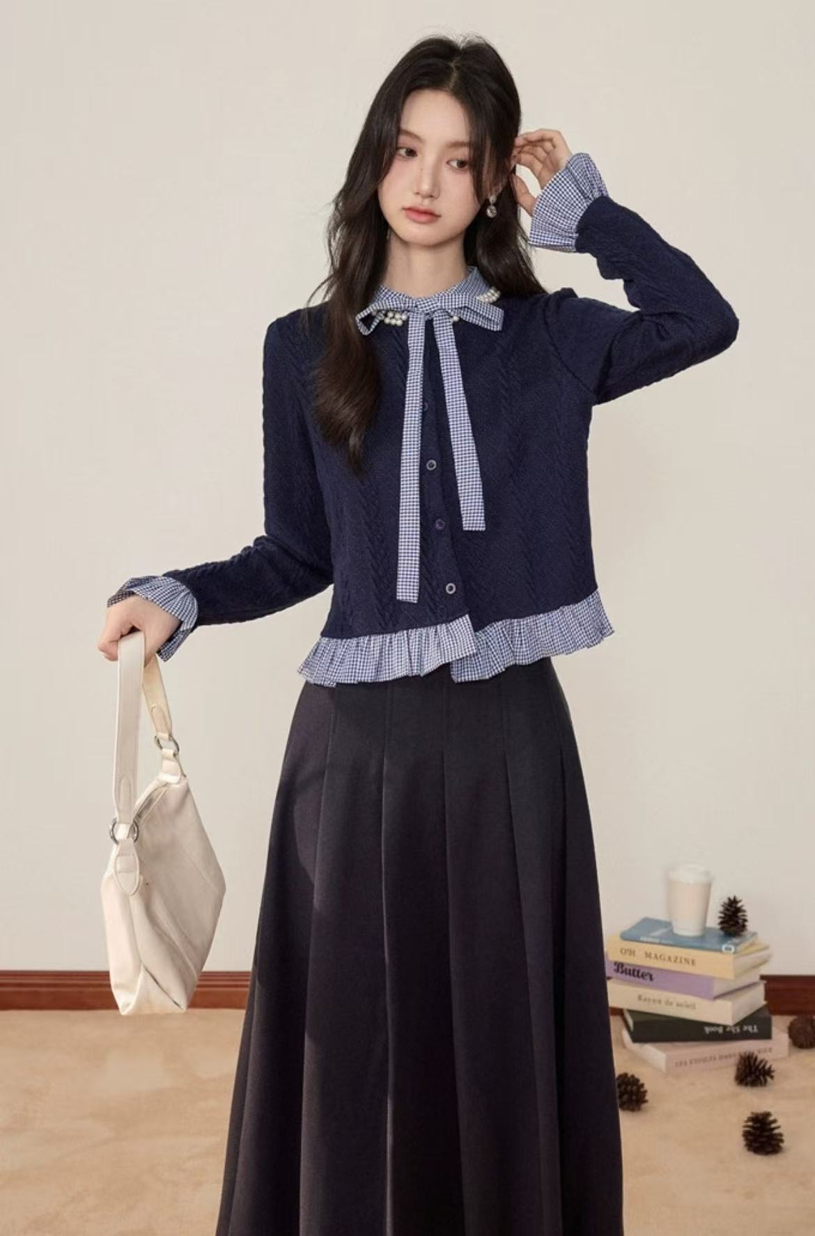 韩系ins针织外套女小摆设计感格纹假两件绑带钉珠套装