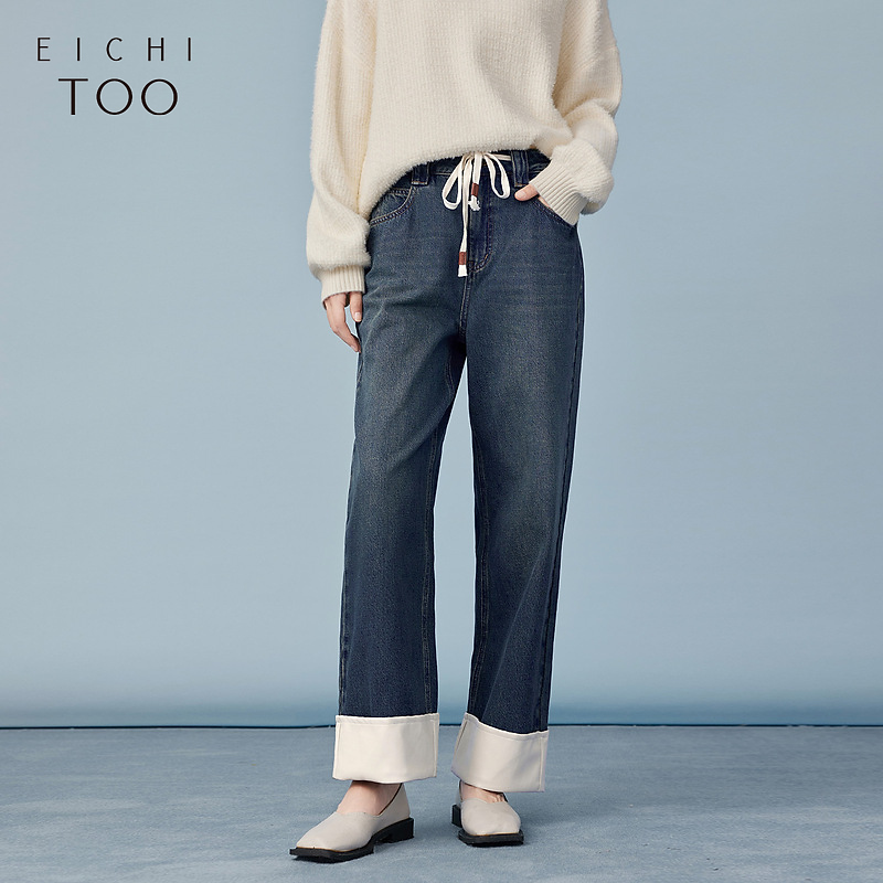 爱居兔冬季脚口翻边俏皮感厚实牛仔裤直筒裤EKNAJ4N009A