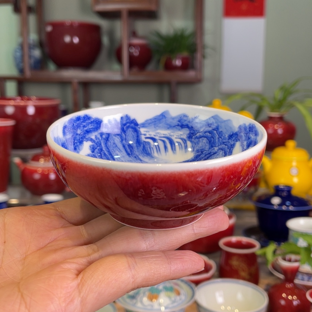 清欢雅玩原矿郎红内绘山水普洱杯
