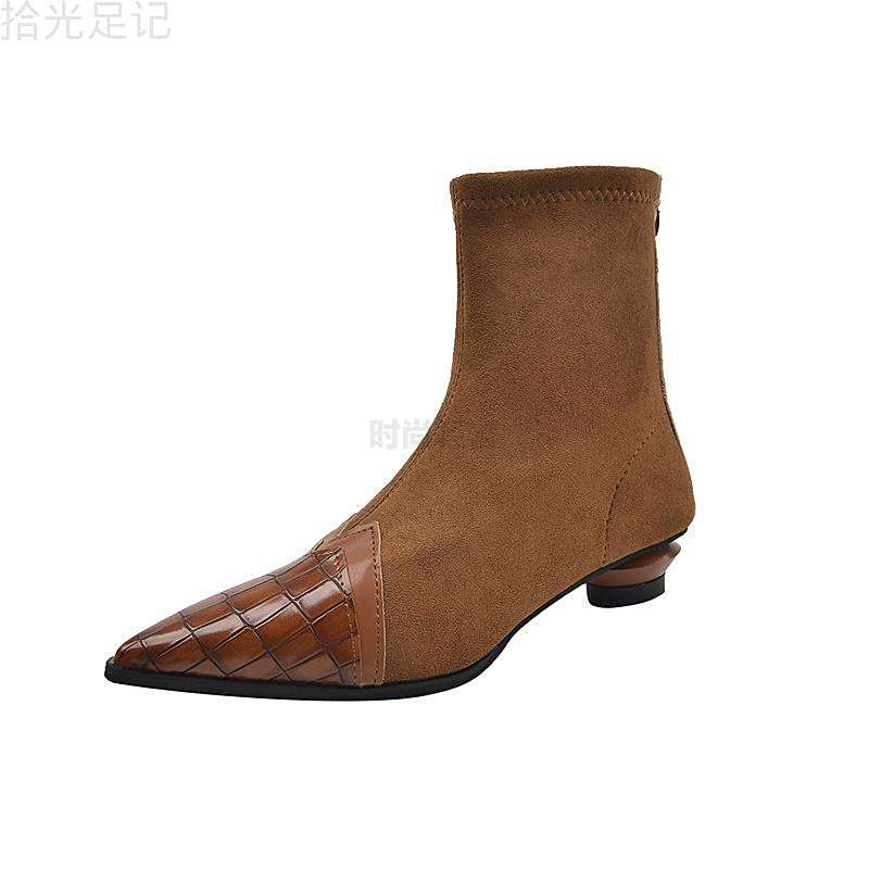 韩式尖女靴女拼接瘦瘦靴尖头季低跟2025新款网秋季百搭高跟靴子