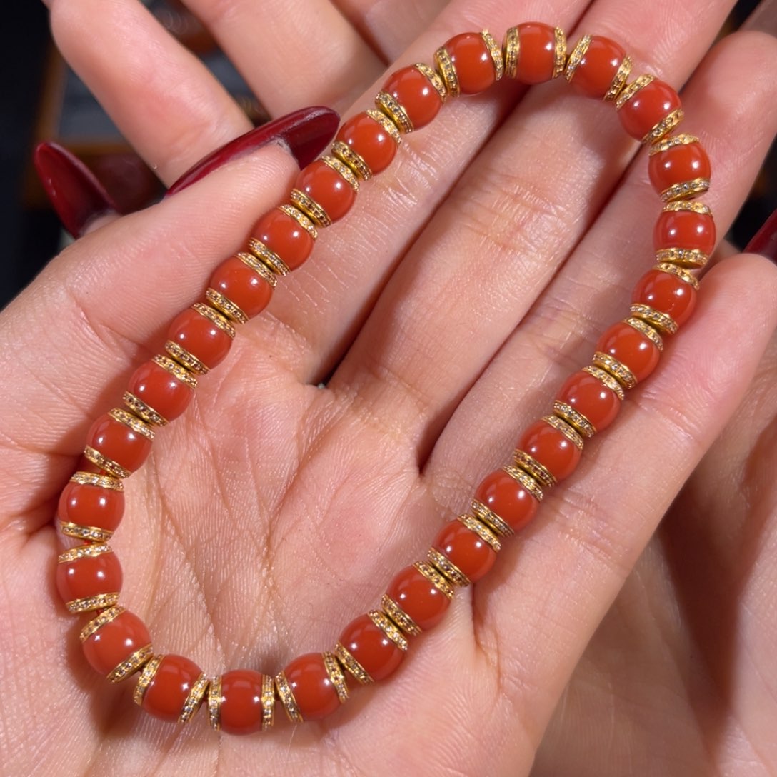 南红玛瑙老南红金钻汉堡单圈6.5mm18K金镶嵌