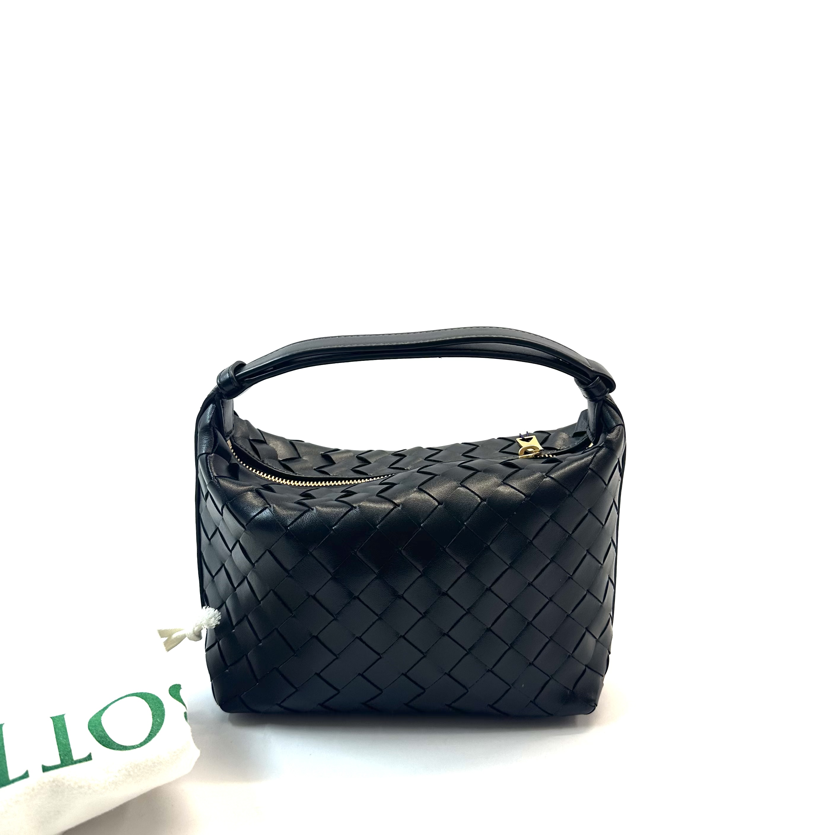 99新 BOTTEGA VENETA/葆蝶家 Veneta Wallace黑色编织饭盒包