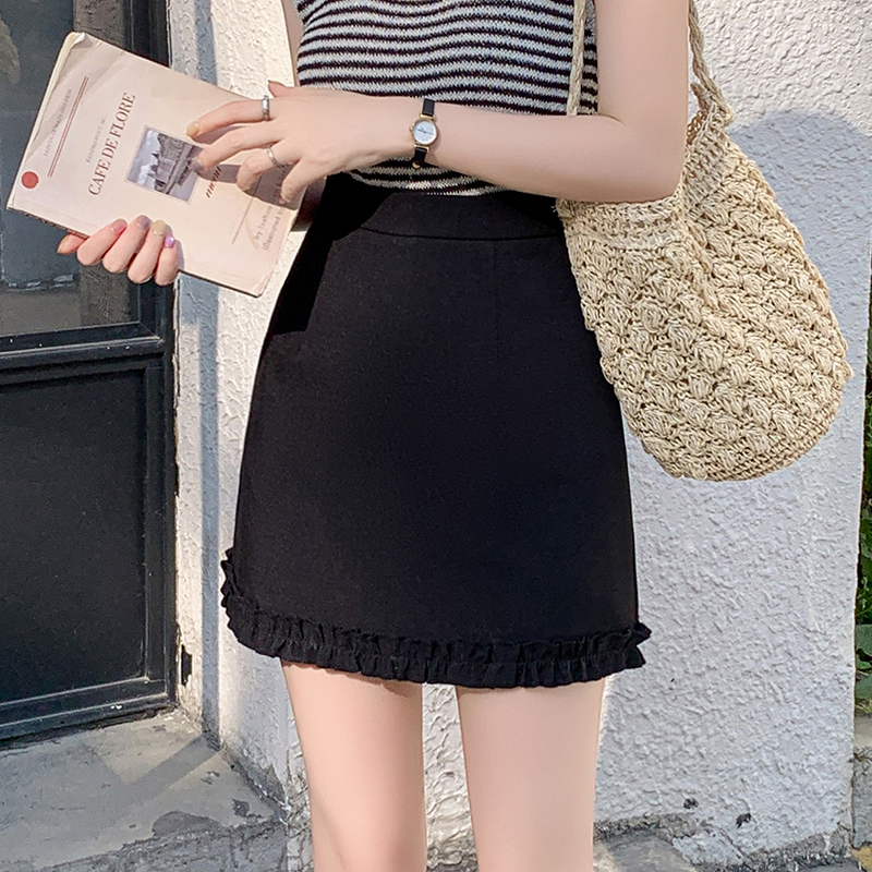 西装半身裙女2025春夏高腰木耳边短裙百搭显瘦a字短裙黑色包臀裙