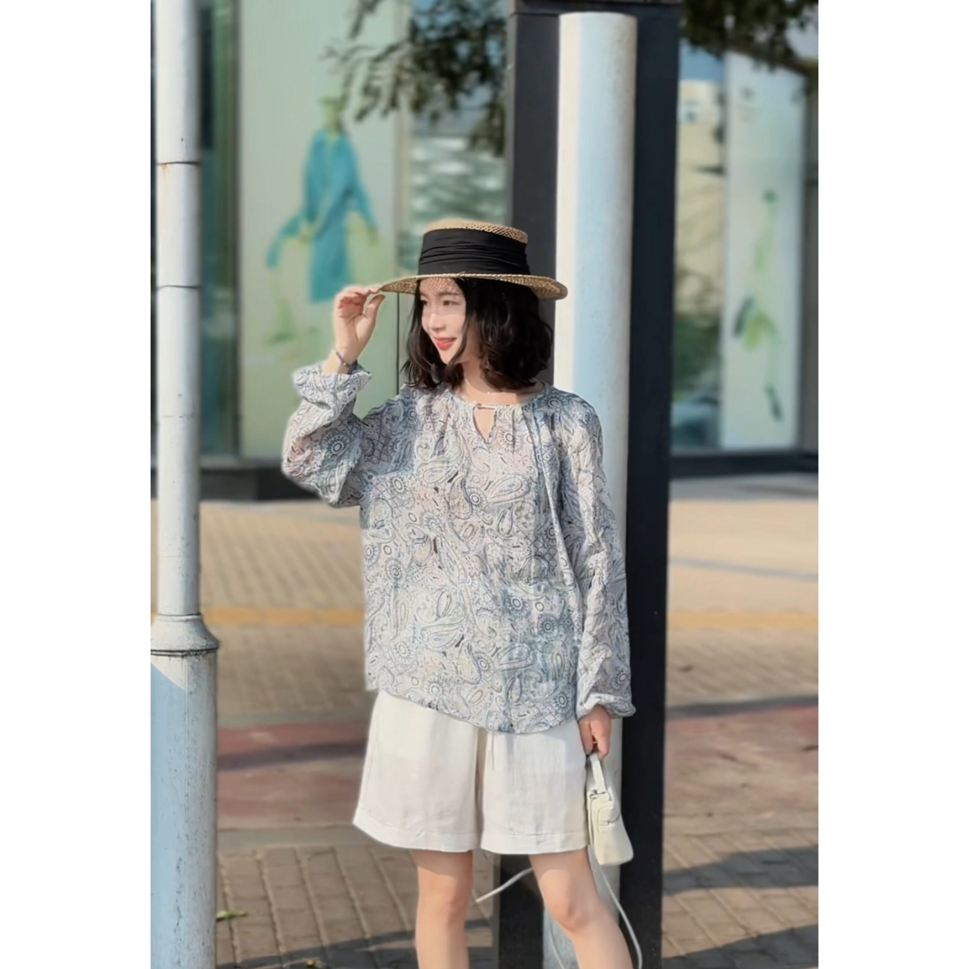 【曲水佩斯】小衫海岛风腰果花衬衫女夏新款宽松百搭印花上衣25277