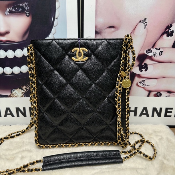 99新 Chanel/香奈儿 黑金荔枝牛斜挎包腋下hobo