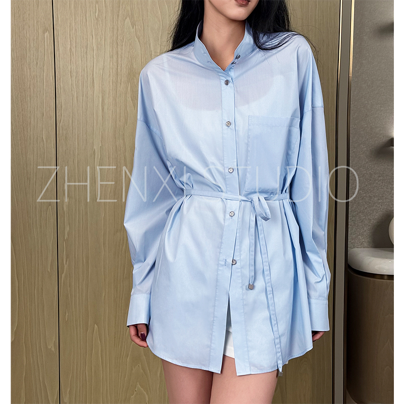 针西张张【爱情海洋】高个子穿搭蓝色加长绑带衬衫W90150