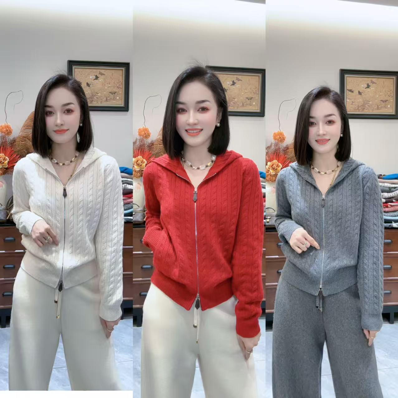 《少琴家》新款洋气百搭连帽拉链纯山羊绒开衫外套