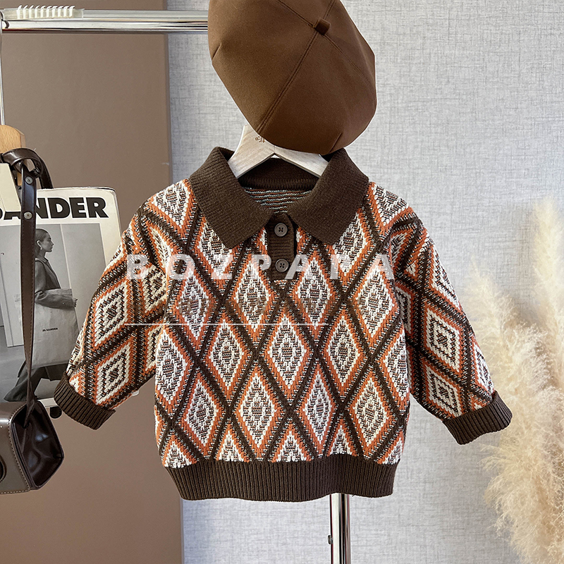 啵小爸【暖林向晚】2025新版男童时尚休闲撞色菱格翻领糯休闲冬毛衣