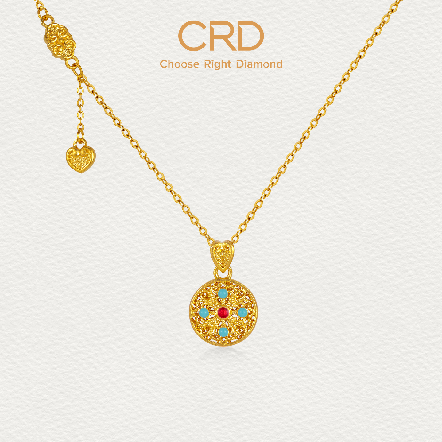  CRD克徕帝圆满花丝足金套链古法黄金鎏彩圆牌吊坠足金999项链