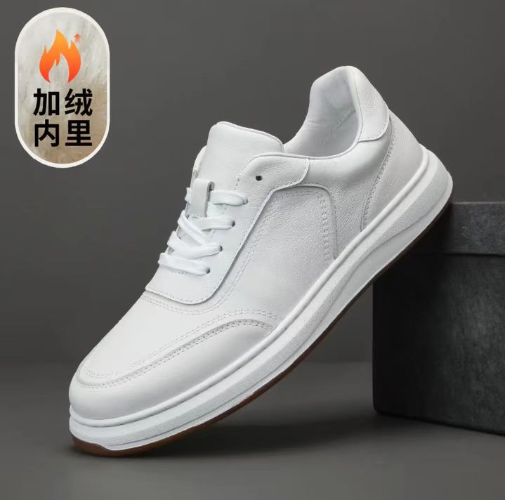 小白鞋头层牛皮潮流透气极简风春秋纯色休闲皮鞋男士秋季百搭