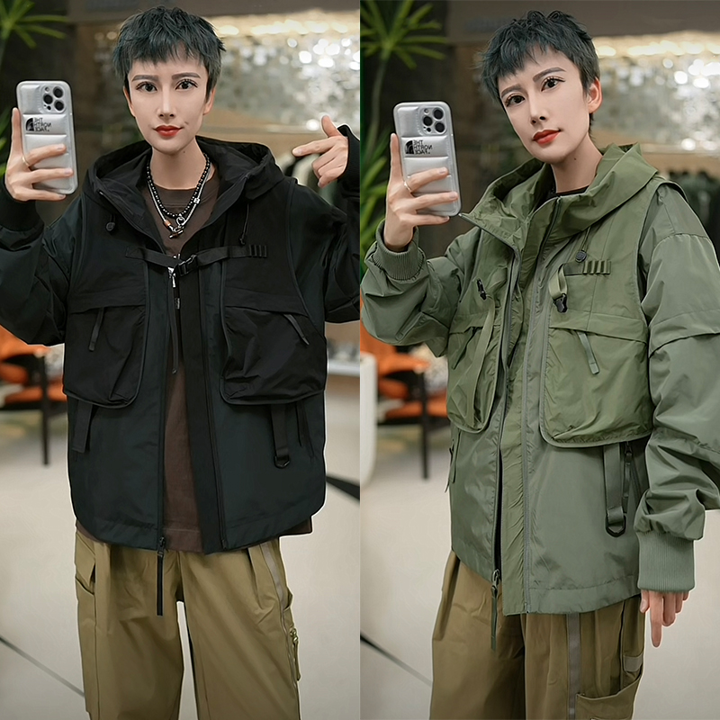 【聚】春秋潮流多口袋机能风连帽夹克外套假两件 0682