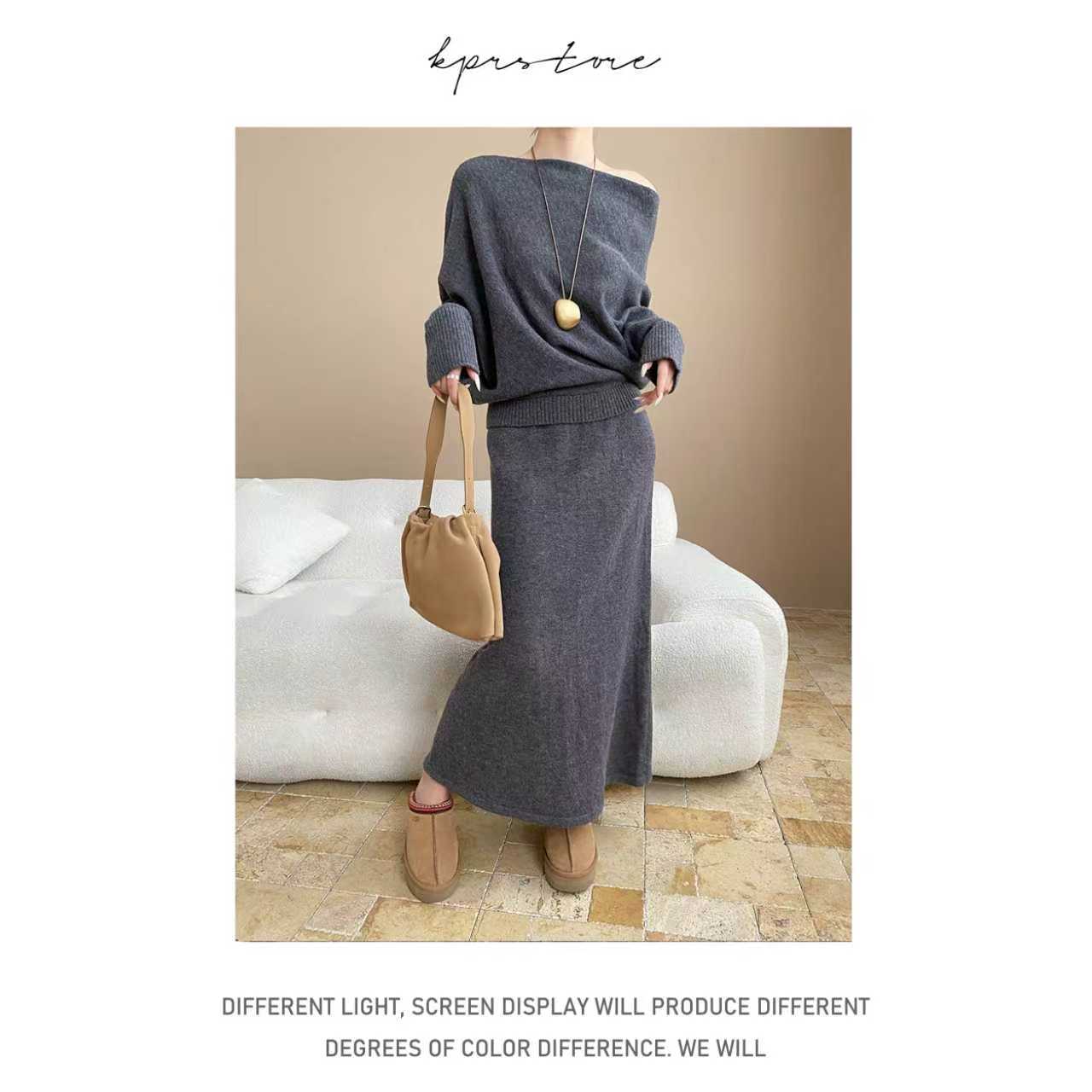 法式蝙蝠袖斜肩针织衫毛衣半身裙两件套