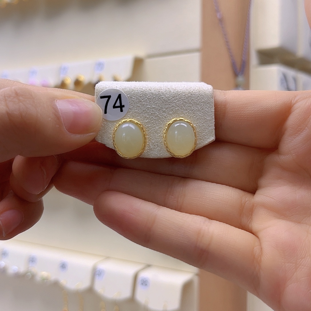 和田玉银S925镀金镶嵌耳饰