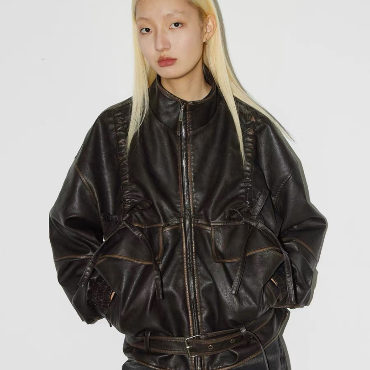 CONP 24SS Belted Coat 擦色绳结大廓形皮衣