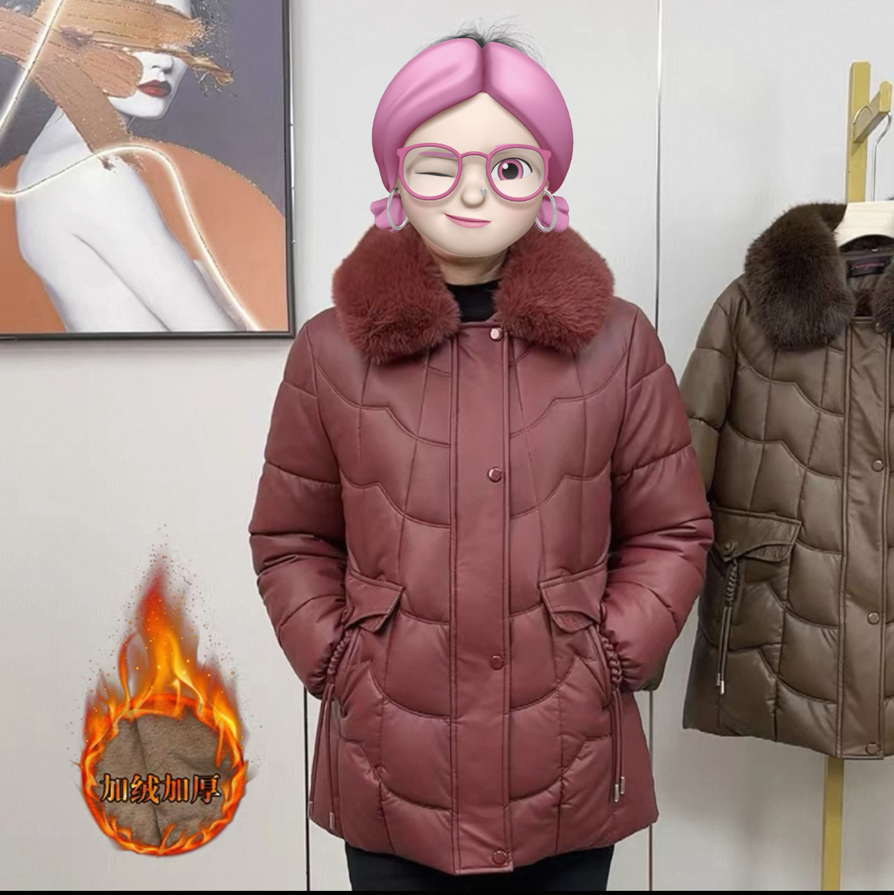 W妈妈冬季中长款毛领中老年女款加绒皮衣棉衣棉袄中老年女装klj