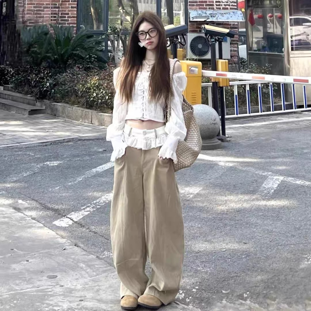 辣妹设计感一字肩绑带长袖衬衫拼接花边高腰阔腿长裤