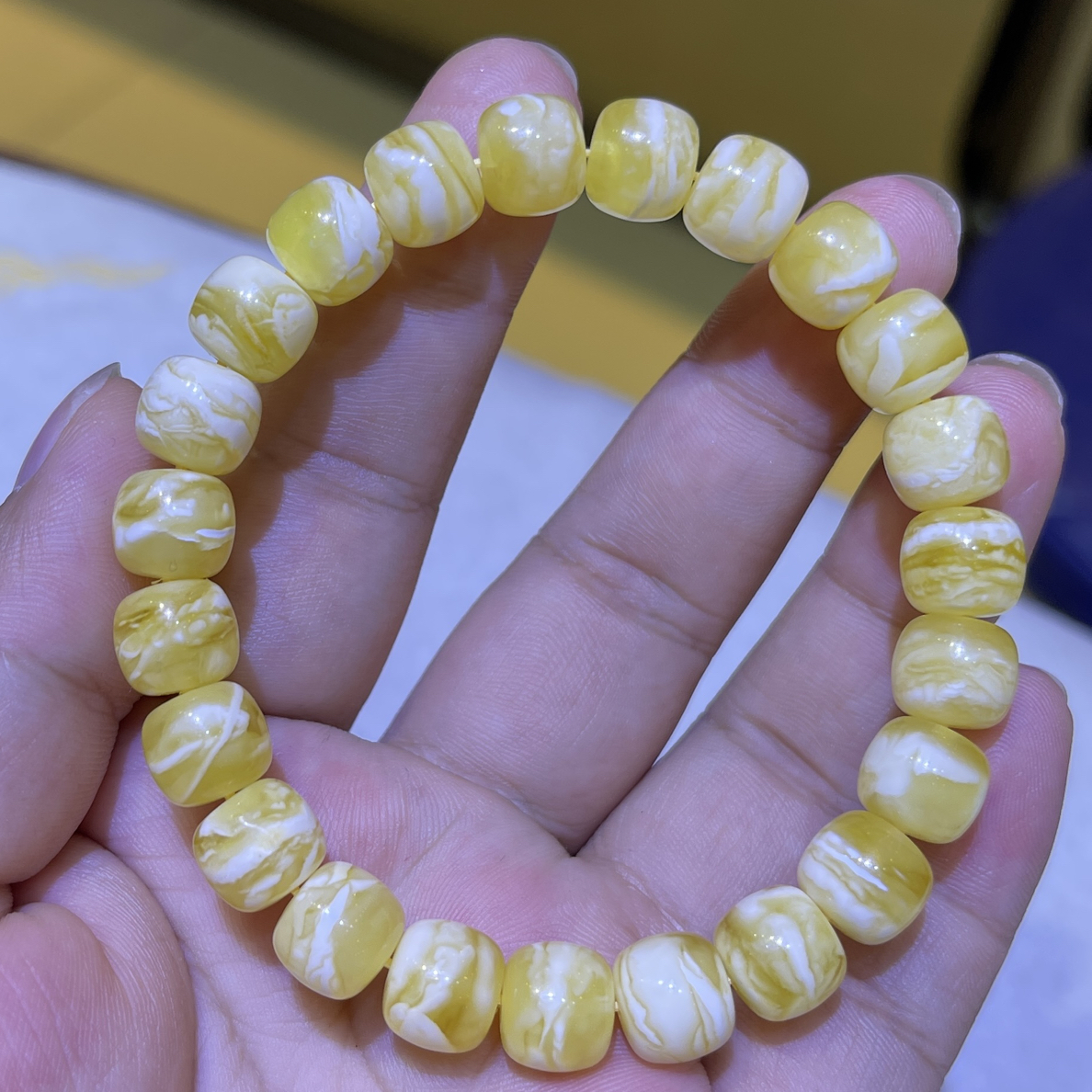 9.5金磁白蜜蜡老型虎皮手串女款手工气质轻奢时尚雕刻单圈玉手串