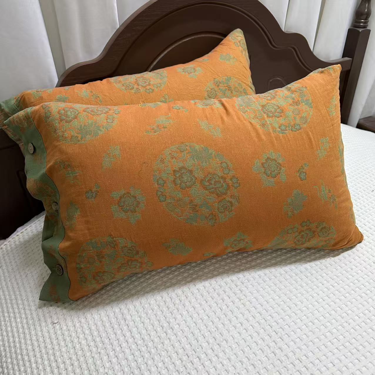 【椰壳扣枕套】花好月圆-橘色棉枕套48*74cm两条装