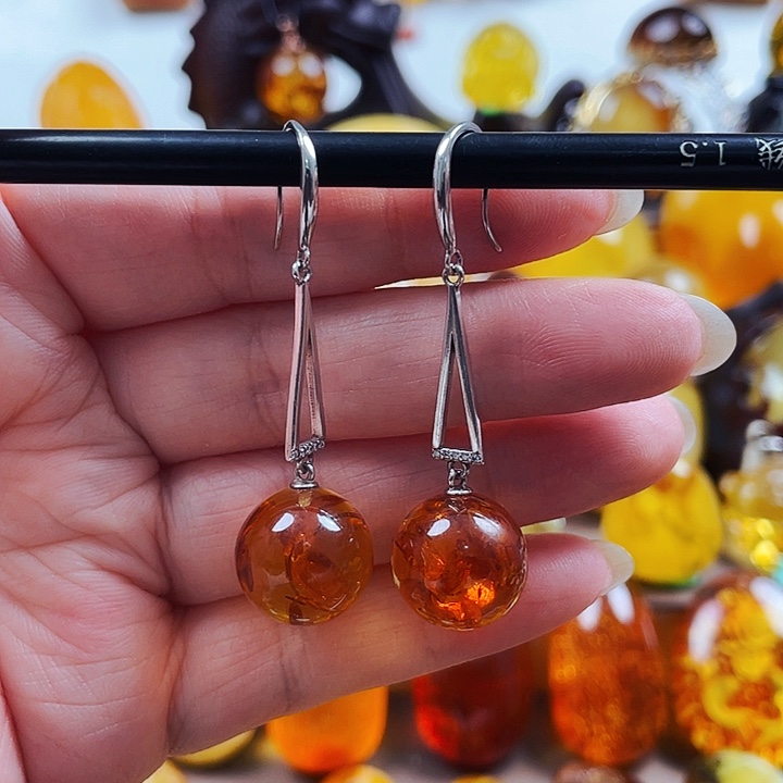 琥珀颈饰银S925镶嵌耳环