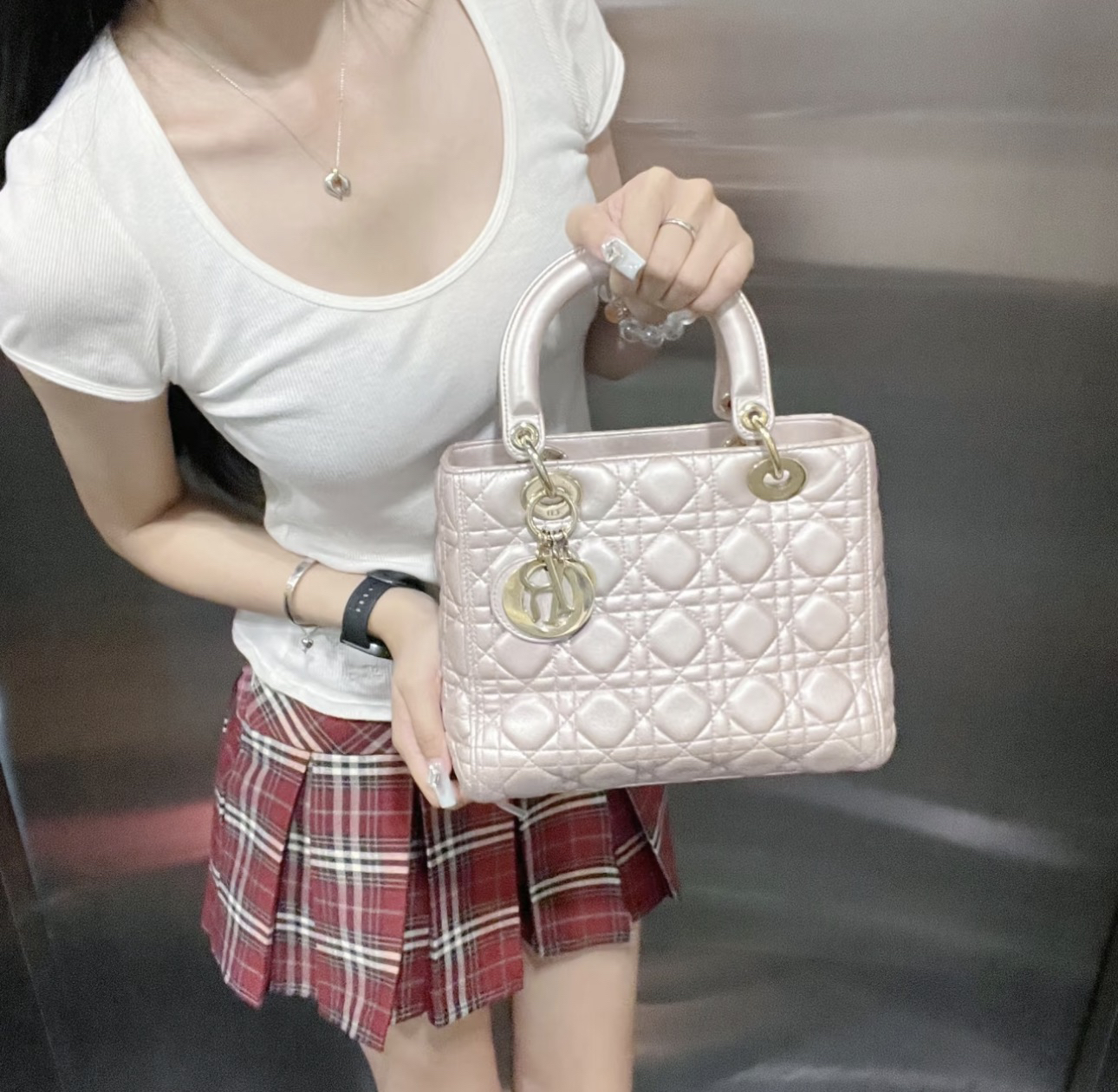 95新 DIOR/迪奥 珠光粉五格戴妃单肩包