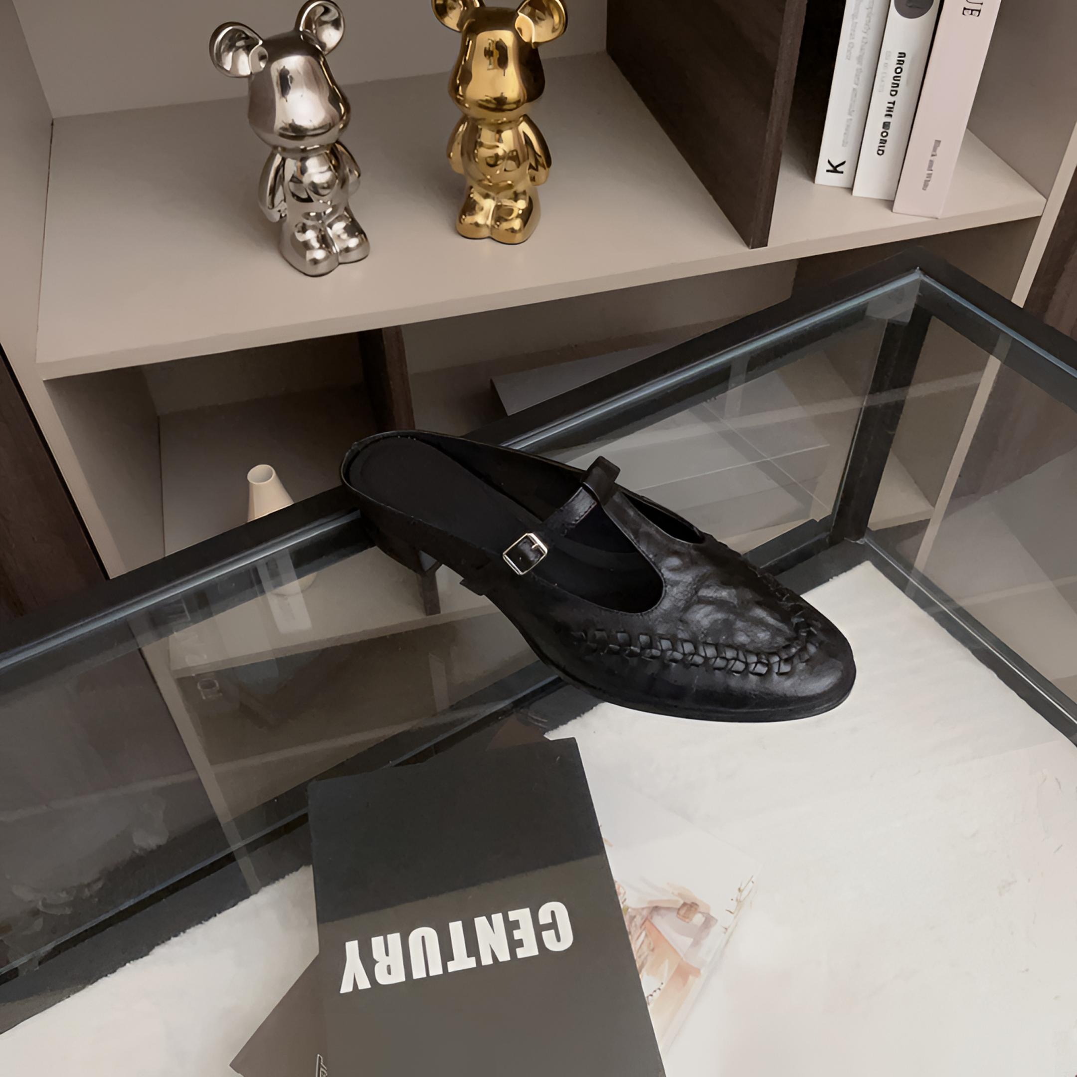 2025春夏手抓纹粗跟羊皮包头半拖鞋女真皮凉拖鞋外穿W503