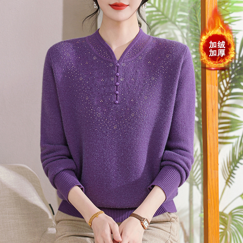 2025新款妈妈秋冬新中式加绒加厚针织毛衣中老年女装一体绒打底衫