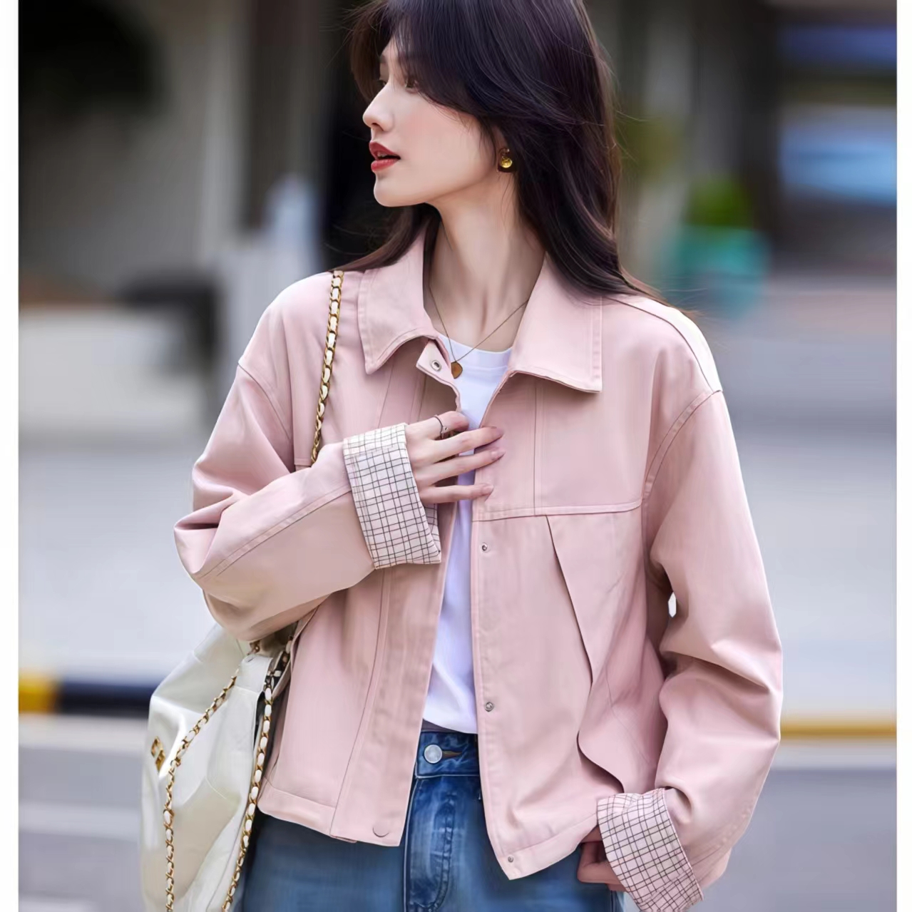 女士翻领单排扣格纹袖口牛仔外套春季新款减龄糖果色2586