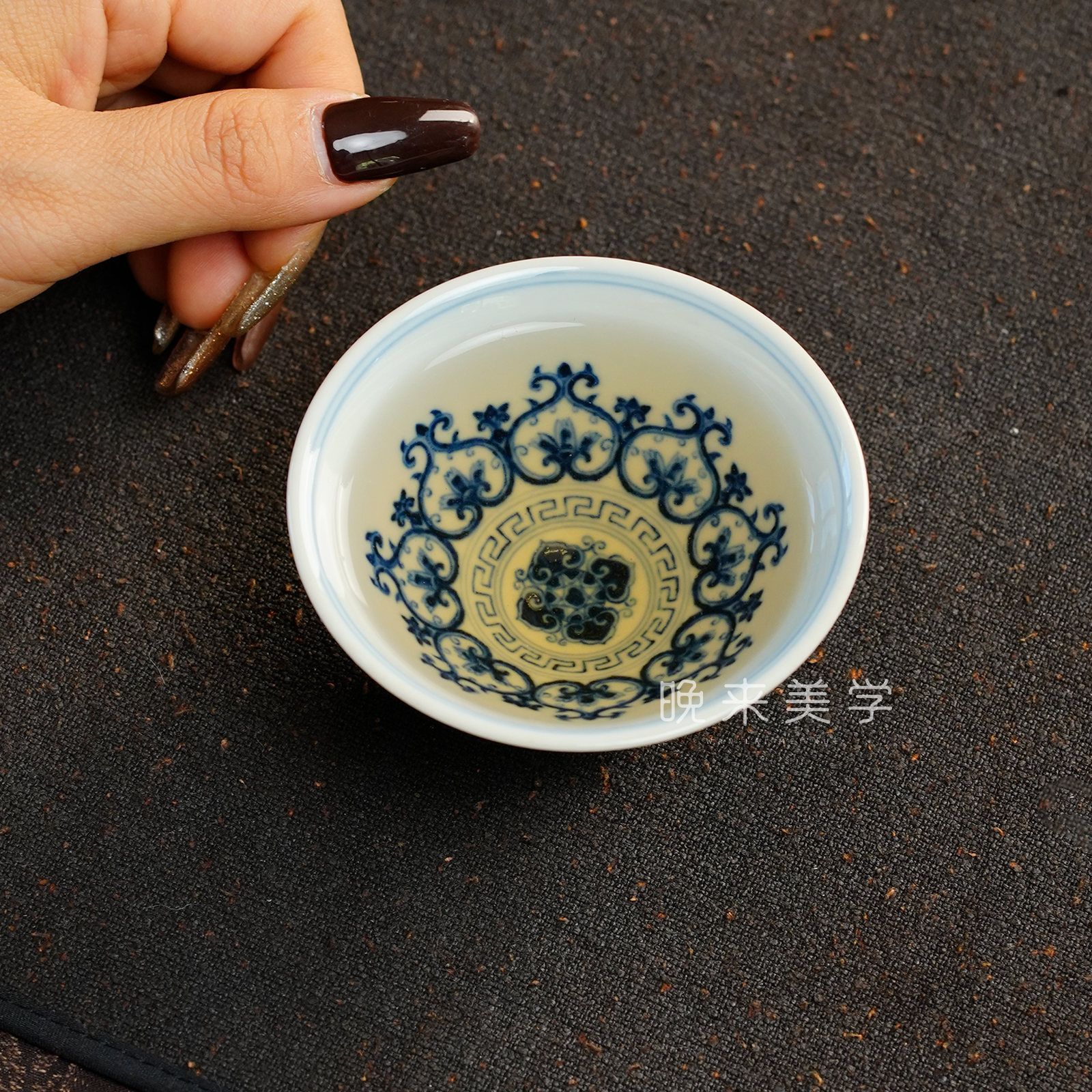 成蕴窑仿明青花宝相高足斗笠杯主人杯景德镇纯手工手绘高端茶器