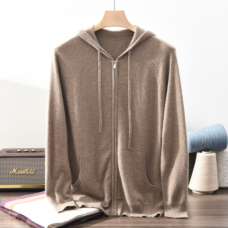 连帽拉链开衫男100%纯山羊绒针织衫外套中青年休闲运动宽松版卫衣