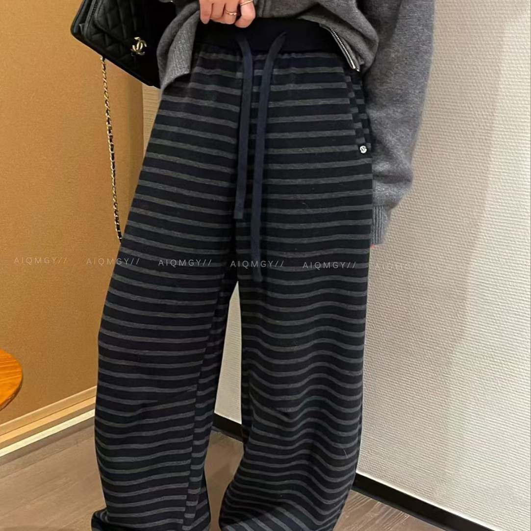 冬季加厚加绒条纹高腰抽绳阔腿裤韩系宽松显瘦休闲百搭