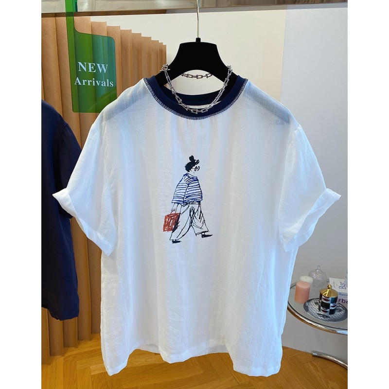 P0214白色棉麻t恤女新款夏季宽松大版洋气薄款超好看圆领亚麻上衣