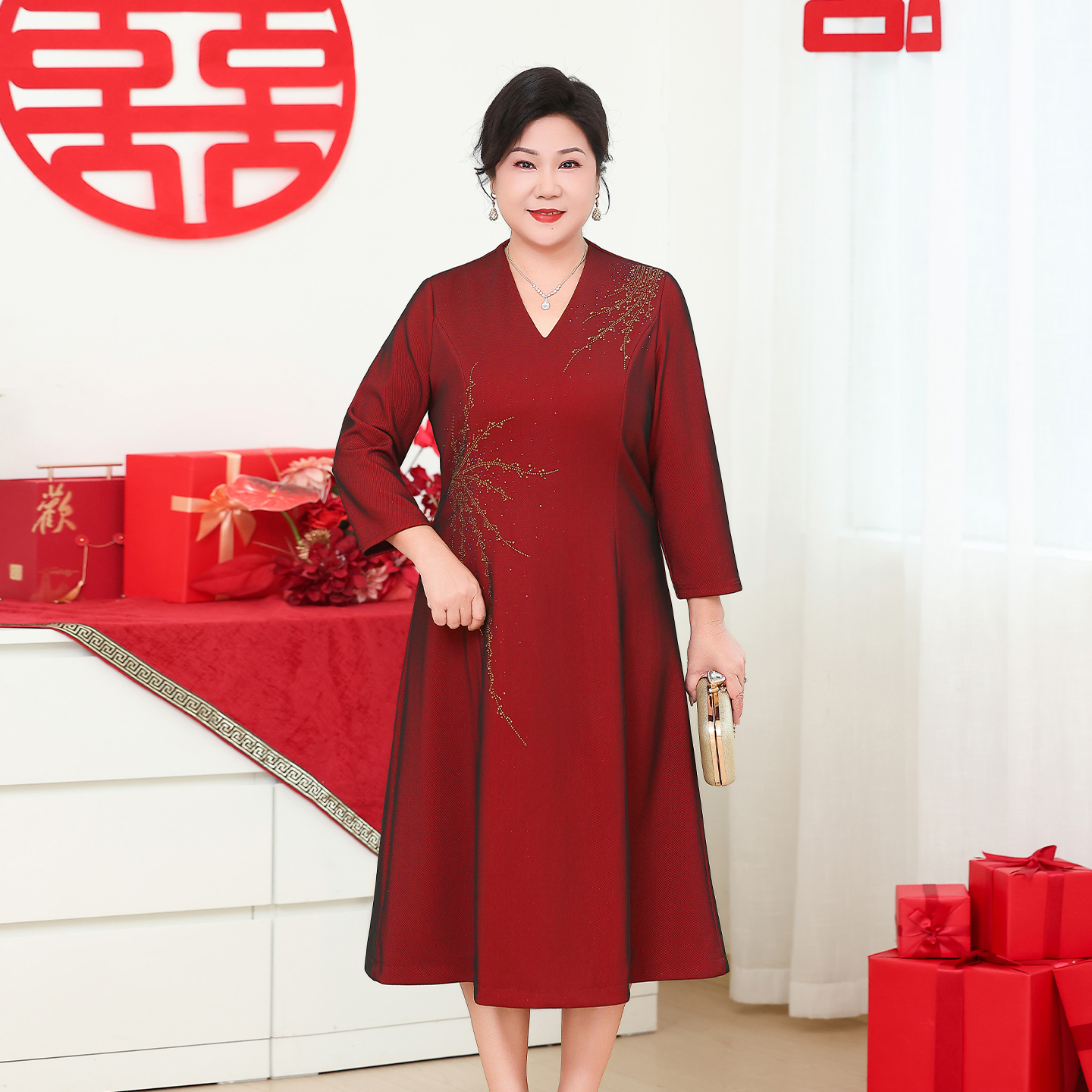 喜婆婆婚宴装2025新款女方母亲婚宴礼服喜庆订婚妈妈裙FX36-2588