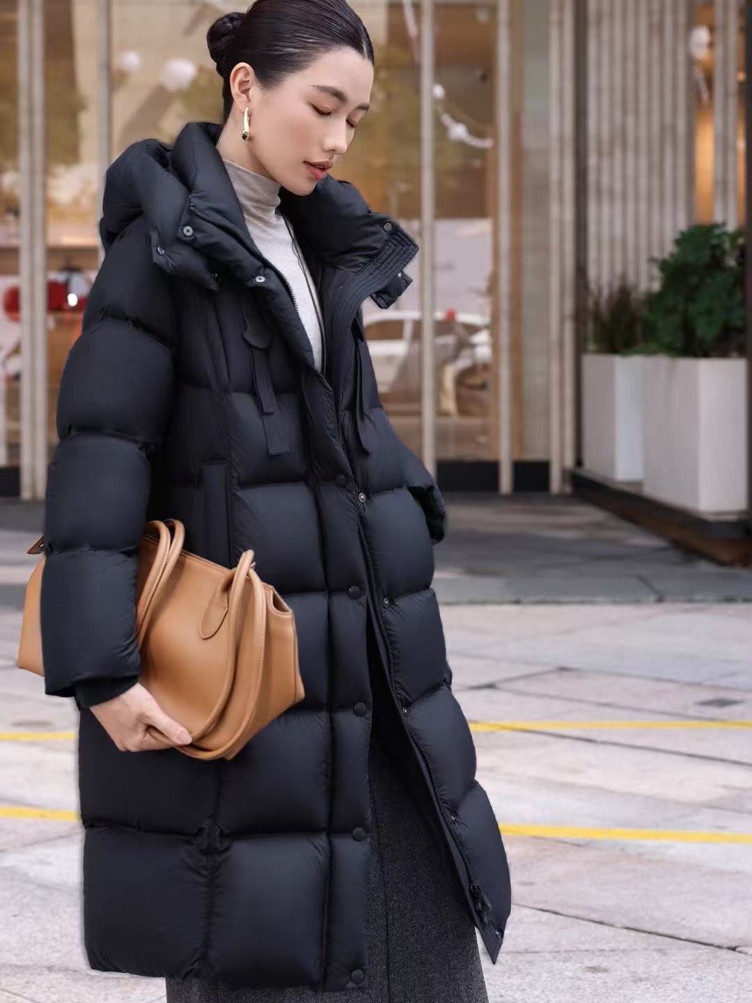 WYFS长款飘带连帽羽绒服