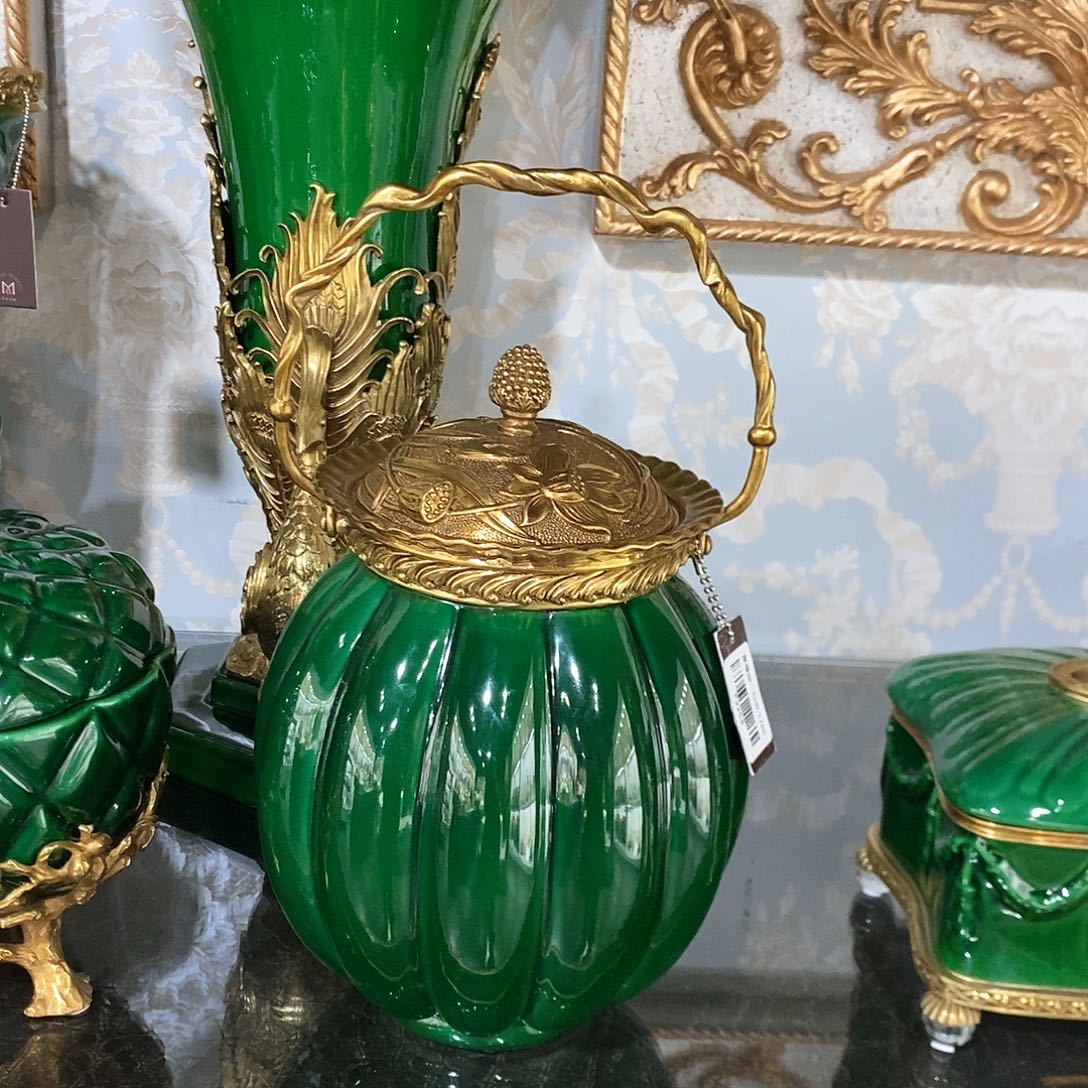 摆件F3253铜配瓷祖母绿南瓜提壶