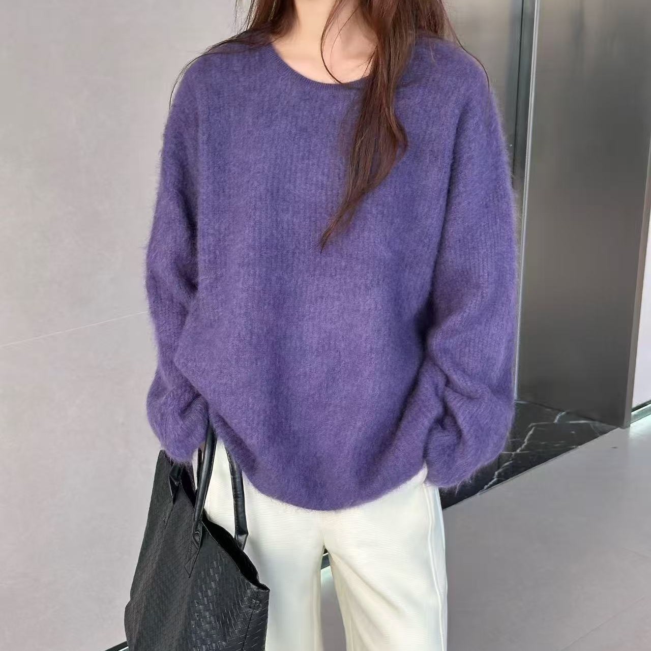 羊绒拉绒拉毛长袖慵懒风针织毛针织衫常规厚款圆领纯色设计感女衫