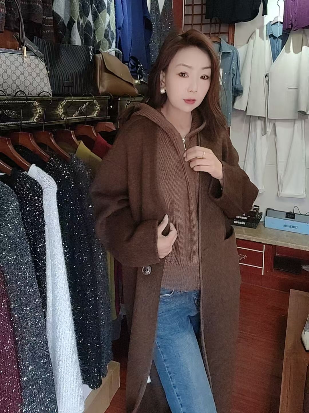 咖色毛衣羊绒大衣女中长款两件套毛呢外套冬季新款