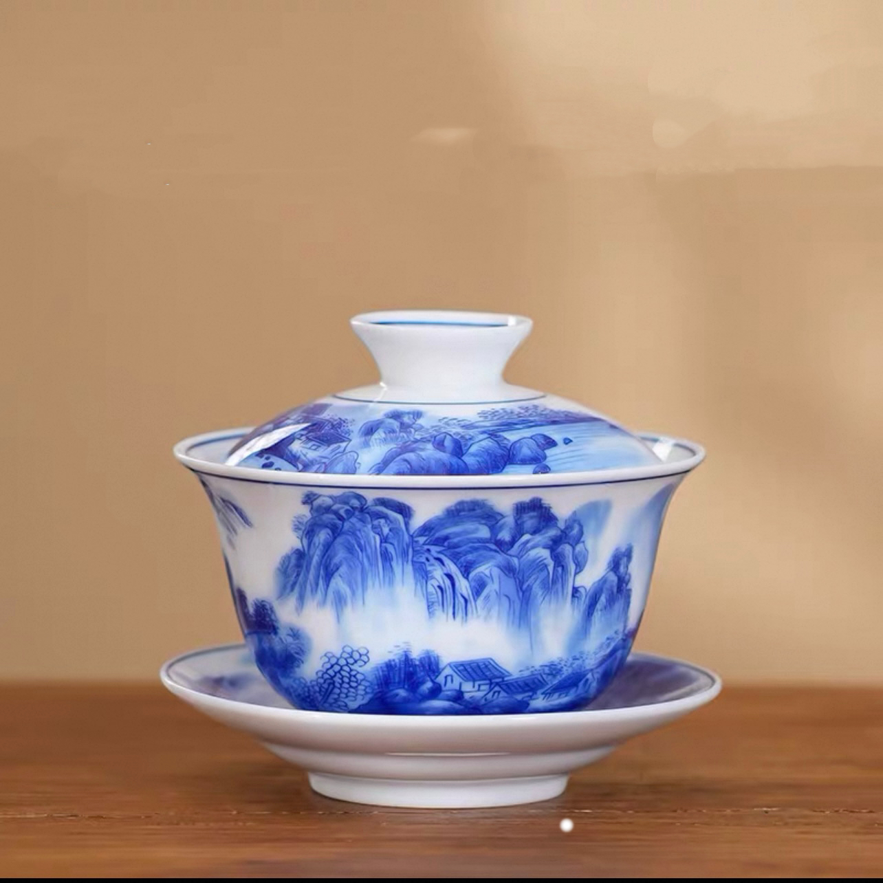 釉下彩青花釉里红薄胎防烫盖碗高白瓷茶碗茶具泡茶碗山水画缠枝莲