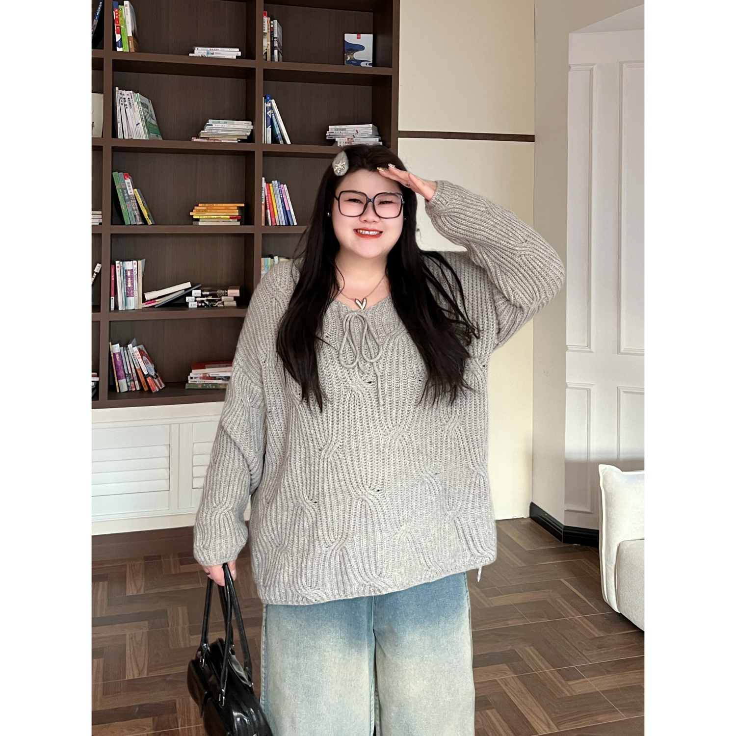 花契“焦糖奶星”大码女装秋季百搭200斤胖mm时尚减龄毛衣14312-X