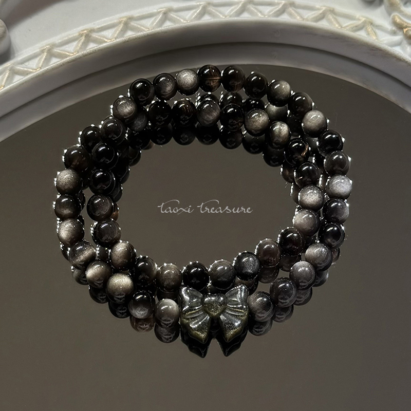 tx992-双圈银曜石蝴蝶结手串