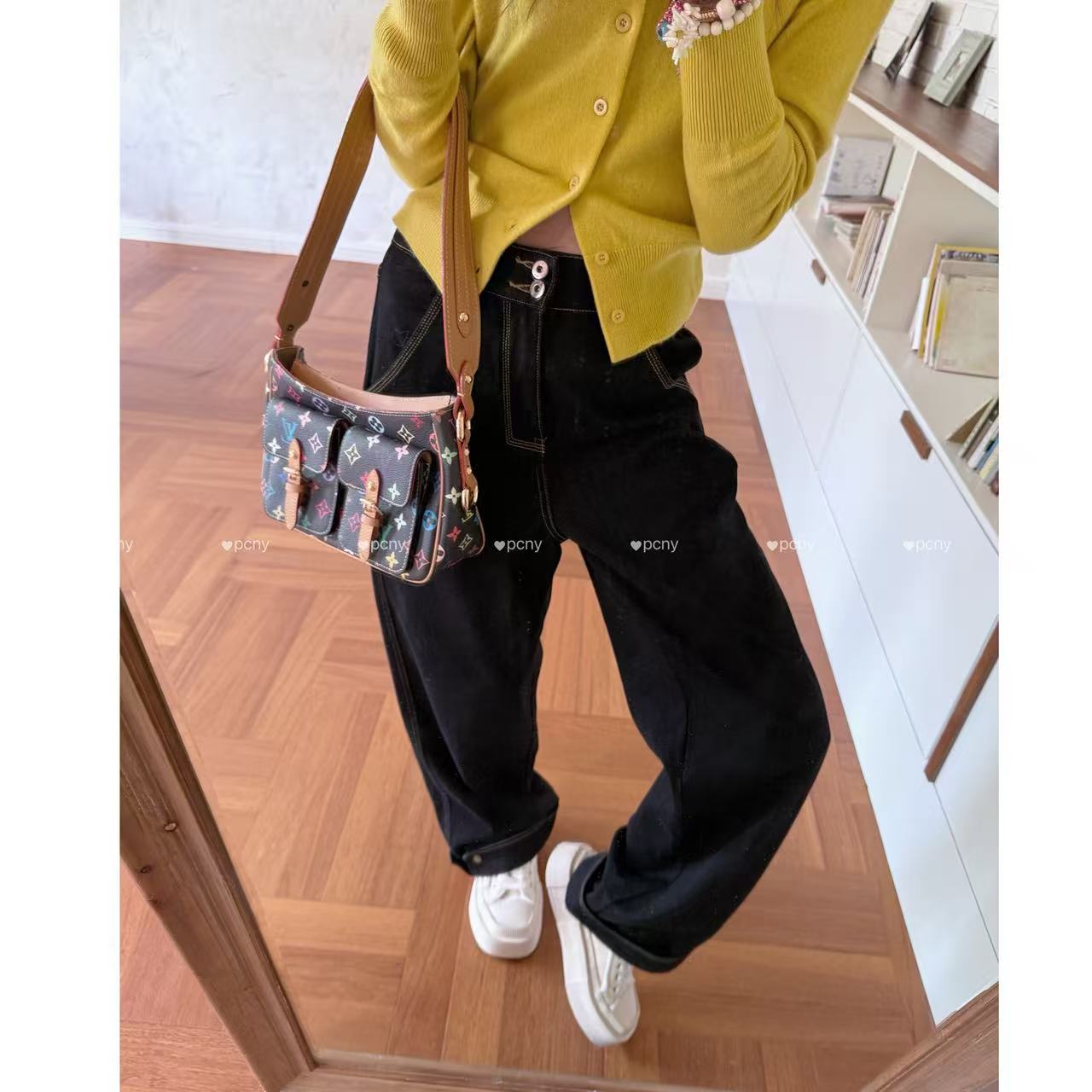 PCNY「磨砂缝黄」不理理秋季新款女装休闲直筒宽松时尚百搭牛仔裤