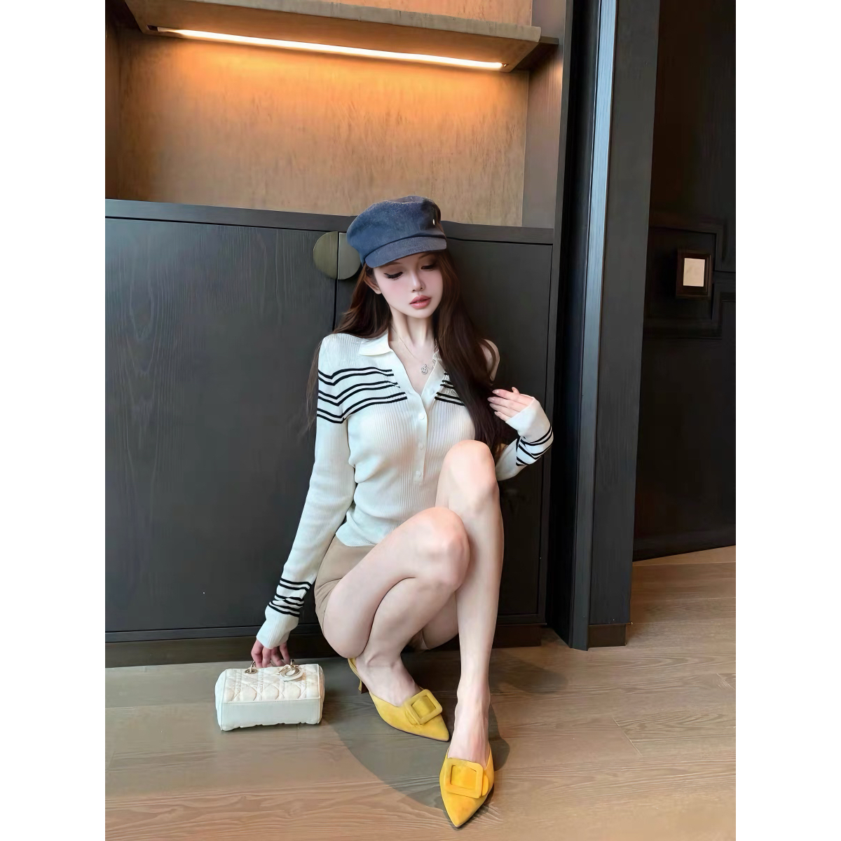 【现货】黑白条纹纯欲风显瘦身材翻领长袖针织衫女春秋内搭修身上衣